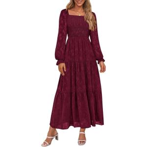 imagePRETTYGARDEN Womens 2025 Fall Floral Midi Dress Long Sleeve Smocked A Line Long Flowy Elegant Wedding Guest DressesBurgundy