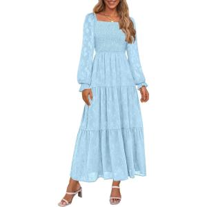 imagePRETTYGARDEN Womens 2025 Fall Floral Midi Dress Long Sleeve Smocked A Line Long Flowy Elegant Wedding Guest DressesLight Blue