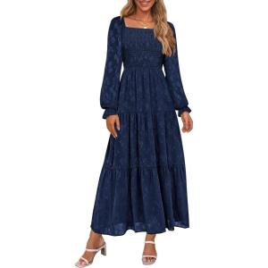 imagePRETTYGARDEN Womens 2025 Fall Floral Midi Dress Long Sleeve Smocked A Line Long Flowy Elegant Wedding Guest DressesNavy Blue