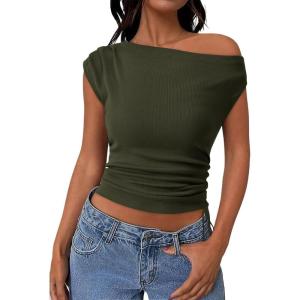 imagePRETTYGARDEN Womens 2025 Summer Off The Shoulder Crop Cute Tops Sleeveless One Shoulder Ruched Y2K Going Out Tank TopDark Army Green