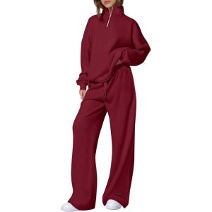 imagePRETTYGARDEN Womens Casual Two Piece Sets Fall 2025 Outfits Quarter Zip Sweatshirts Straight Leg Pants Sweatsuits TracksuitWine Red