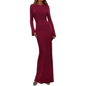 imagePRETTYGARDEN Womens Fall Fashion 2025 Long Sleeve Maxi Dress Ribbed Knit Boat Neck Bodycon Casual Dresses Going Out OutfitsBurgundy