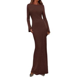 imagePRETTYGARDEN Womens Fall Fashion 2025 Long Sleeve Maxi Dress Ribbed Knit Boat Neck Bodycon Casual Dresses Going Out OutfitsCoffee
