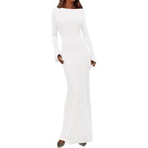 imagePRETTYGARDEN Womens Fall Fashion 2025 Long Sleeve Maxi Dress Ribbed Knit Boat Neck Bodycon Casual Dresses Going Out OutfitsWhite