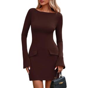 imagePRETTYGARDEN Womens Fall Long Sleeve Mini Dress 2025 Trendy Boat Neck Bodycon Knit Elegant Short Party Formal DressesBrown