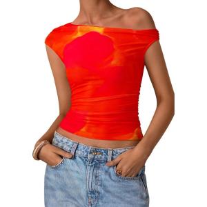 imagePRETTYGARDEN Womens Off Shoulder Tops 2025 Summer Floral Mesh Going Out Crop Tank Tops Asymmetrical Tight Y2K Shirts ClothesOrange Red