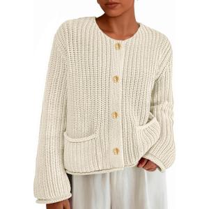 imagePRETTYGARDEN Cardigan Sweaters for Women 2025 Trendy Oversized Knit Chunky Button Cardigans Fall Winter Outfits with PocketsBeige