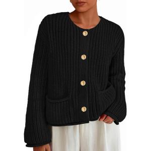 imagePRETTYGARDEN Cardigan Sweaters for Women 2025 Trendy Oversized Knit Chunky Button Cardigans Fall Winter Outfits with PocketsBlack