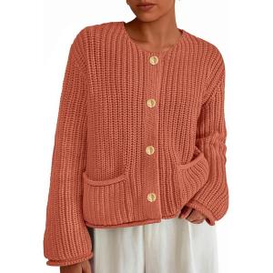imagePRETTYGARDEN Cardigan Sweaters for Women 2025 Trendy Oversized Knit Chunky Button Cardigans Fall Winter Outfits with PocketsBrick Red