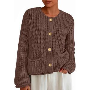 imagePRETTYGARDEN Cardigan Sweaters for Women 2025 Trendy Oversized Knit Chunky Button Cardigans Fall Winter Outfits with PocketsCoffee
