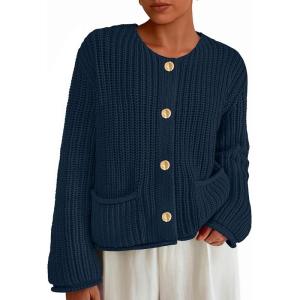 imagePRETTYGARDEN Cardigan Sweaters for Women 2025 Trendy Oversized Knit Chunky Button Cardigans Fall Winter Outfits with PocketsNavy