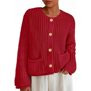 imagePRETTYGARDEN Cardigan Sweaters for Women 2025 Trendy Oversized Knit Chunky Button Cardigans Fall Winter Outfits with PocketsRed
