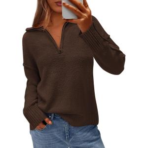 imagePRETTYGARDEN Womens Fall Quarter Zip Pullover Sweaters 2025 Dressy Casual Long Sleeve V Neck Collared Knit Jumper TopsBrown