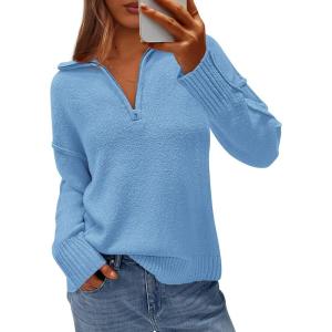 imagePRETTYGARDEN Womens Fall Quarter Zip Pullover Sweaters 2025 Dressy Casual Long Sleeve V Neck Collared Knit Jumper TopsLight Blue