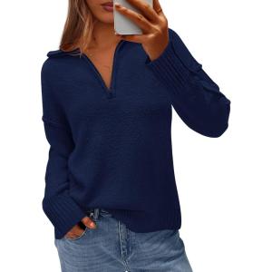 imagePRETTYGARDEN Womens Fall Quarter Zip Pullover Sweaters 2025 Dressy Casual Long Sleeve V Neck Collared Knit Jumper TopsNavy Blue