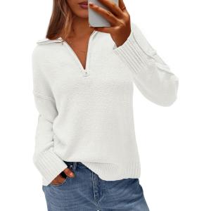 imagePRETTYGARDEN Womens Fall Quarter Zip Pullover Sweaters 2025 Dressy Casual Long Sleeve V Neck Collared Knit Jumper TopsWhite