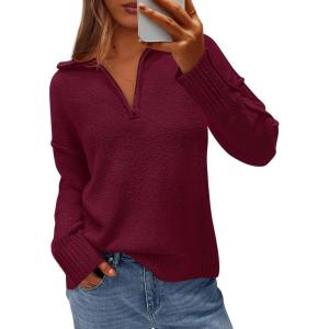imagePRETTYGARDEN Womens Fall Quarter Zip Pullover Sweaters 2025 Dressy Casual Long Sleeve V Neck Collared Knit Jumper TopsWine Red