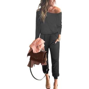 imagePRETTYGARDEN Jumpsuits for Women Dressy 2025 Fall Long Sleeve Off Shoulder Elastic Waist Rompers One Piece Travel OutfitsBlack Grey