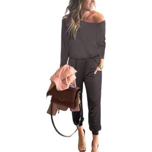 imagePRETTYGARDEN Jumpsuits for Women Dressy 2025 Fall Long Sleeve Off Shoulder Elastic Waist Rompers One Piece Travel OutfitsDark Grey