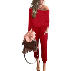 imagePRETTYGARDEN Jumpsuits for Women Dressy 2025 Fall Long Sleeve Off Shoulder Elastic Waist Rompers One Piece Travel OutfitsRed