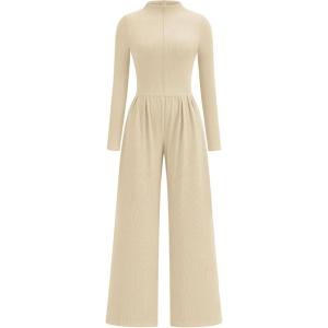 imagePRETTYGARDEN Long Sleeve Jumpsuit for Women Dressy Casual 2025 One Piece Mock Neck Jumpsuits Rompers Fall Outfits PocketsBeige