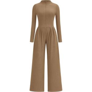 imagePRETTYGARDEN Long Sleeve Jumpsuit for Women Dressy Casual 2025 One Piece Mock Neck Jumpsuits Rompers Fall Outfits PocketsCamel