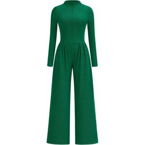 imagePRETTYGARDEN Long Sleeve Jumpsuit for Women Dressy Casual 2025 One Piece Mock Neck Jumpsuits Rompers Fall Outfits PocketsGreen