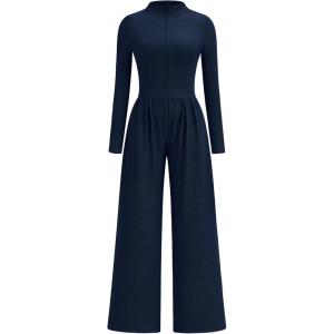 imagePRETTYGARDEN Long Sleeve Jumpsuit for Women Dressy Casual 2025 One Piece Mock Neck Jumpsuits Rompers Fall Outfits PocketsNavy Blue