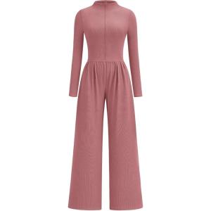 imagePRETTYGARDEN Long Sleeve Jumpsuit for Women Dressy Casual 2025 One Piece Mock Neck Jumpsuits Rompers Fall Outfits PocketsPink