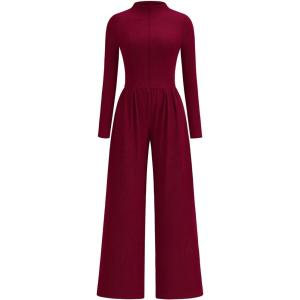 imagePRETTYGARDEN Long Sleeve Jumpsuit for Women Dressy Casual 2025 One Piece Mock Neck Jumpsuits Rompers Fall Outfits PocketsWine Red