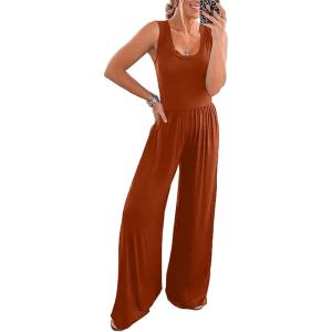 imagePRETTYGARDEN One Piece Jumpsuits 2025 Spring Sleeveless Tank Wide Leg Summer Casual Travel Airport Outfits Pants RompersOrange Red