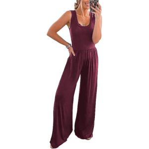 imagePRETTYGARDEN One Piece Jumpsuits 2025 Spring Sleeveless Tank Wide Leg Summer Casual Travel Airport Outfits Pants RompersWine Red