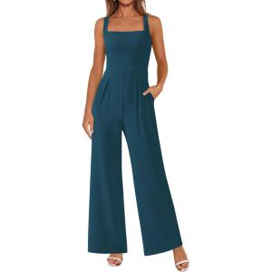 imagePRETTYGARDEN Summer Sleeveless Jumpsuits for Women Dressy Square Neck Wide Leg Pants Knitted One Piece Rompers with PocketsDark Blue