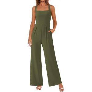 imagePRETTYGARDEN Summer Sleeveless Jumpsuits for Women Dressy Square Neck Wide Leg Pants Knitted One Piece Rompers with PocketsLight Army Green