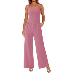 imagePRETTYGARDEN Summer Sleeveless Jumpsuits for Women Dressy Square Neck Wide Leg Pants Knitted One Piece Rompers with PocketsPink