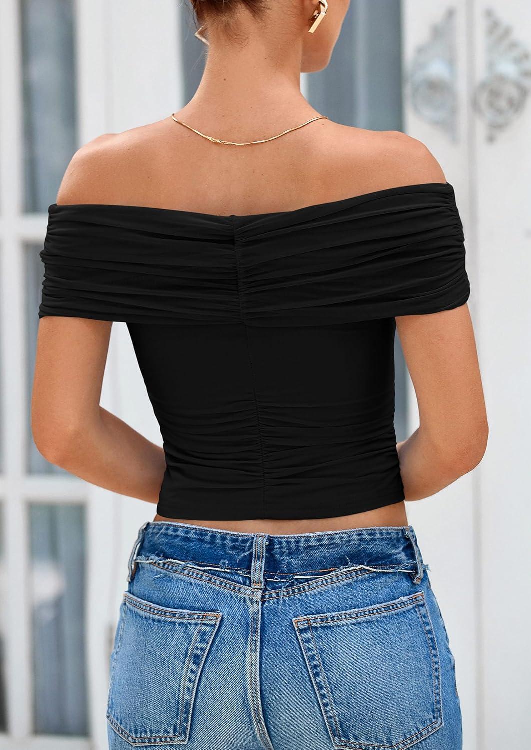 imagePRETTYGARDEN Summer Tops for Women 2025 Off Shoulder Short Sleeve Ruched Slim Fit Shirts Blouses Y2K Going Out TopBlack