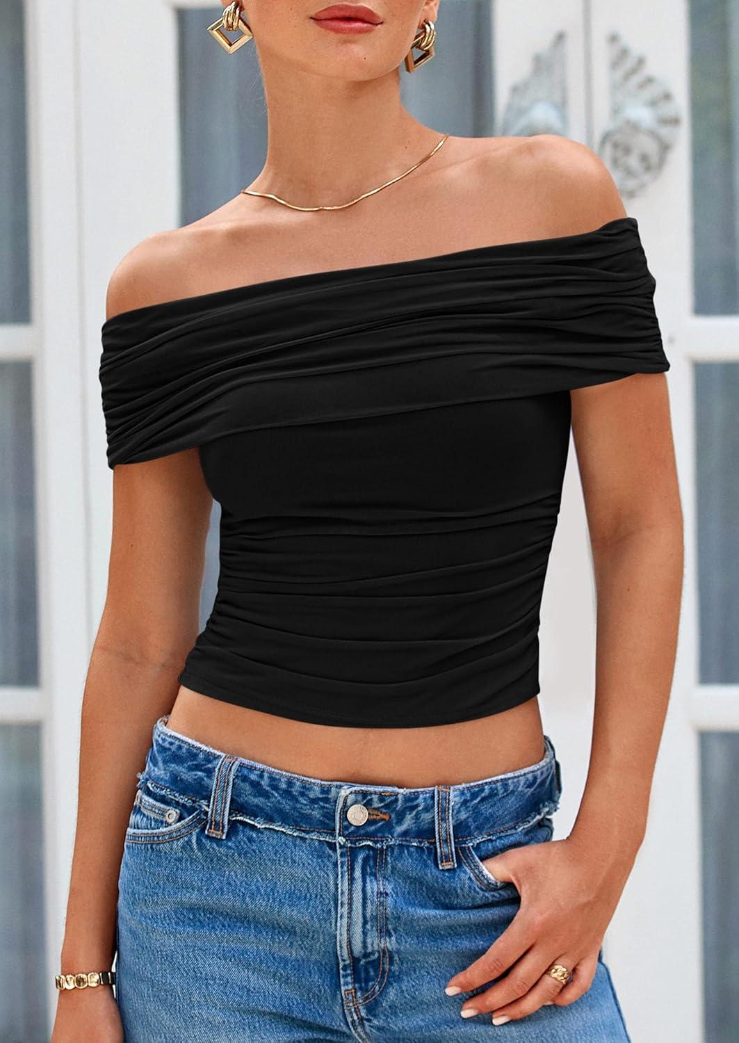 imagePRETTYGARDEN Summer Tops for Women 2025 Off Shoulder Short Sleeve Ruched Slim Fit Shirts Blouses Y2K Going Out TopBlack