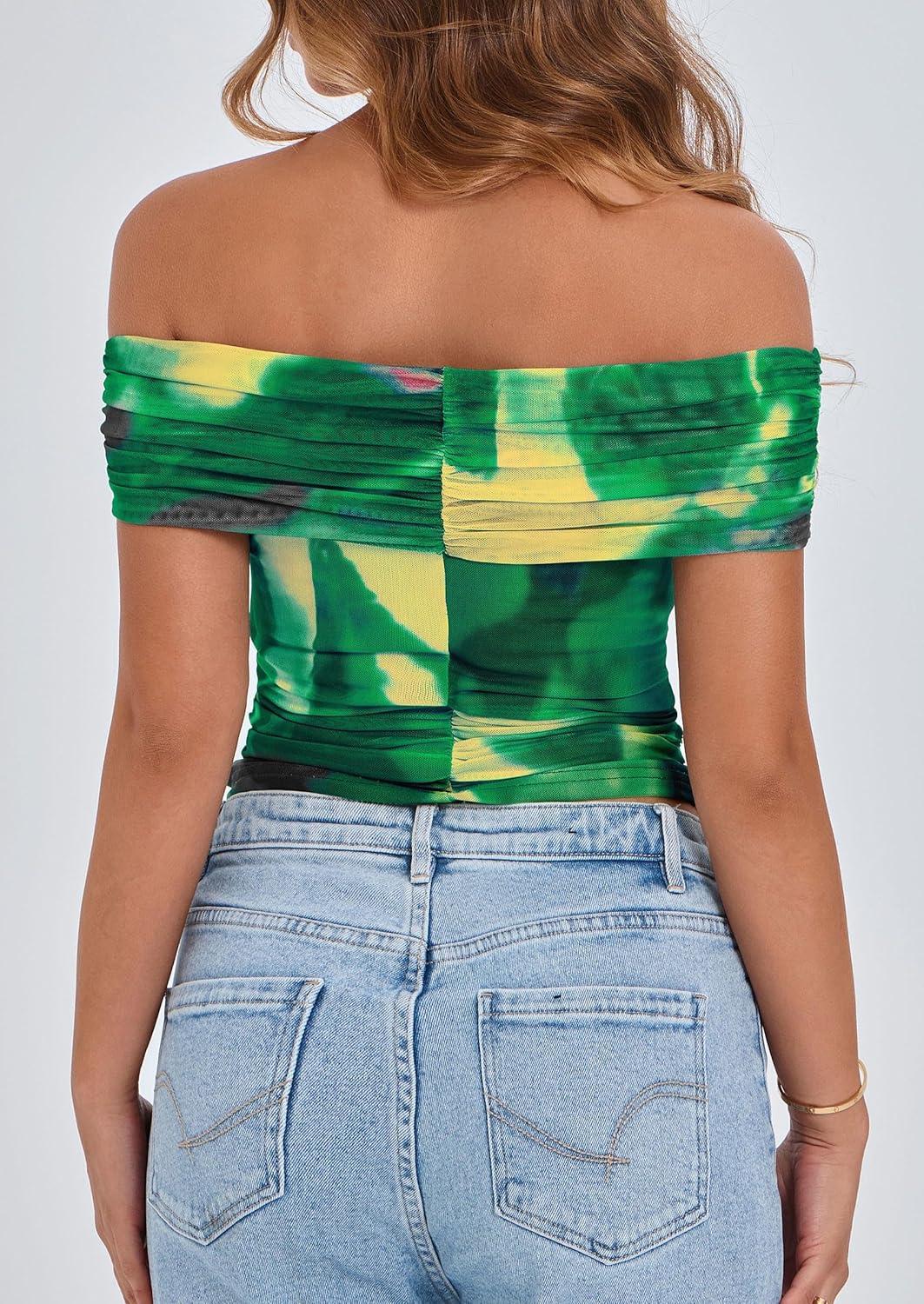 imagePRETTYGARDEN Summer Tops for Women 2025 Off Shoulder Short Sleeve Ruched Slim Fit Shirts Blouses Y2K Going Out TopFloral Green