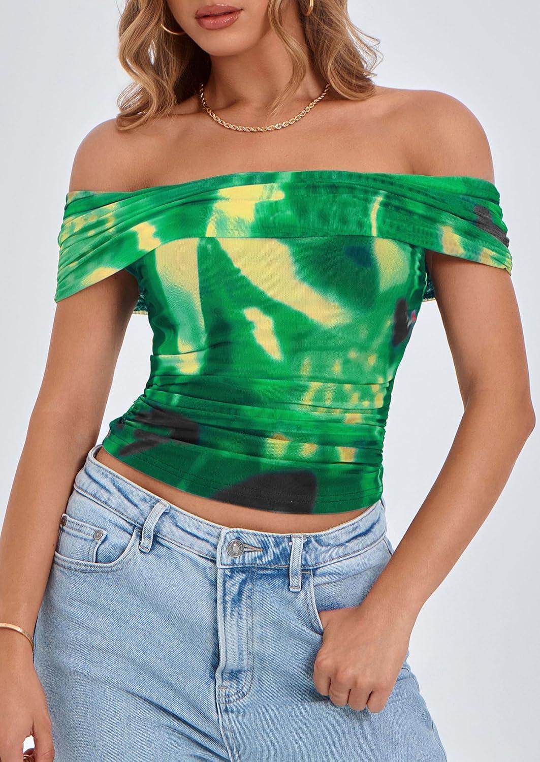 imagePRETTYGARDEN Summer Tops for Women 2025 Off Shoulder Short Sleeve Ruched Slim Fit Shirts Blouses Y2K Going Out TopFloral Green