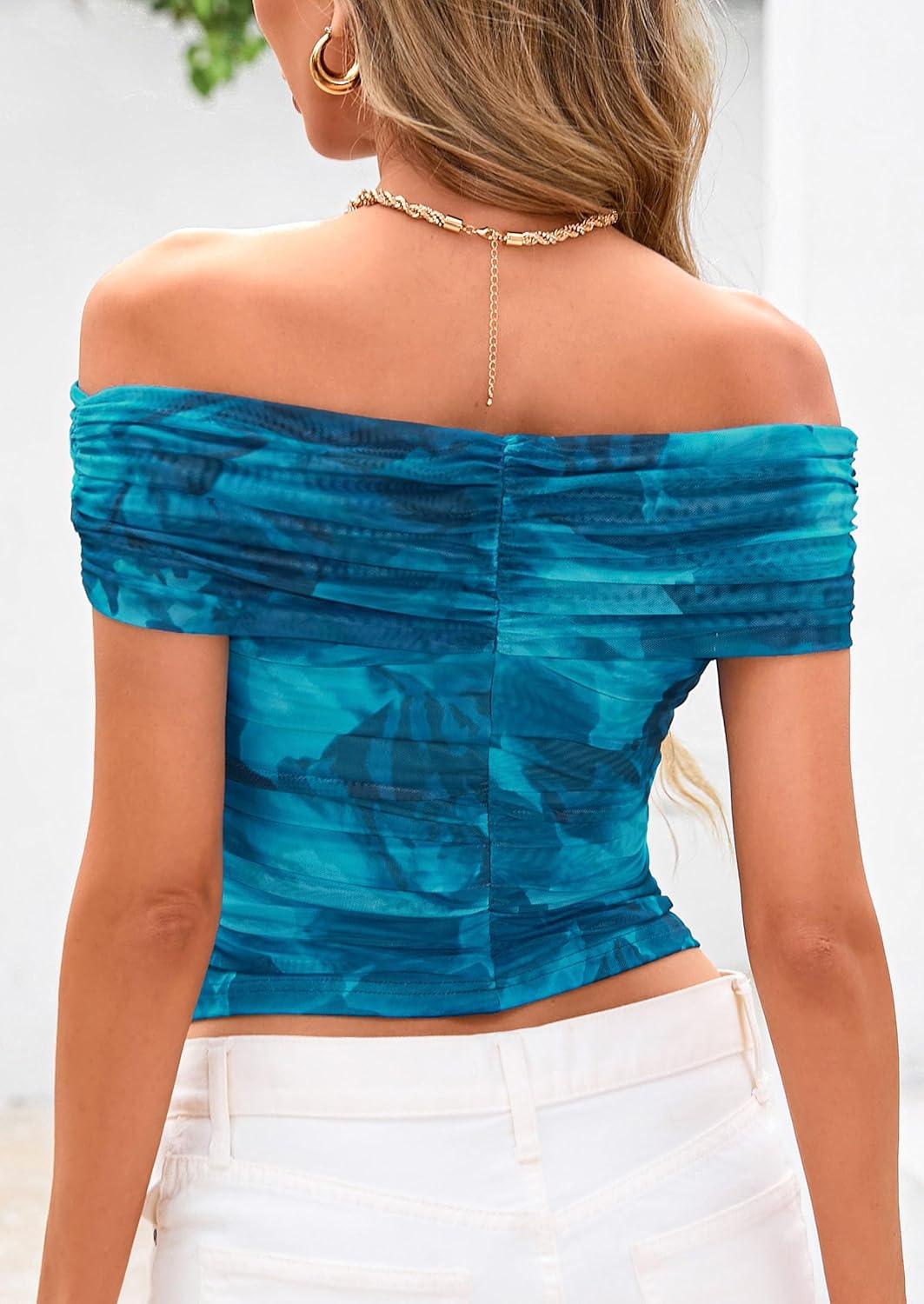 imagePRETTYGARDEN Summer Tops for Women 2025 Off Shoulder Short Sleeve Ruched Slim Fit Shirts Blouses Y2K Going Out TopFloral Lake Blue