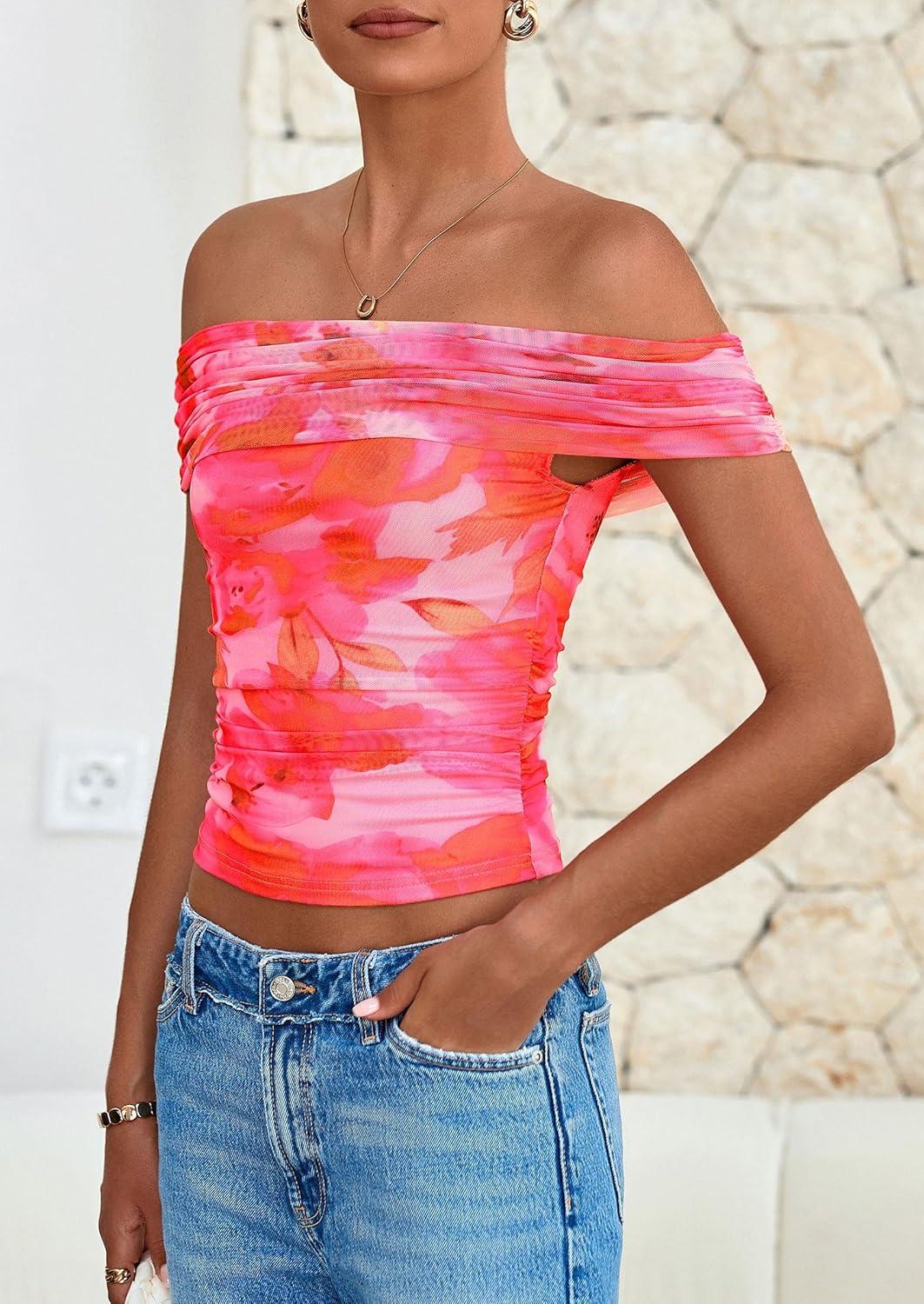 imagePRETTYGARDEN Summer Tops for Women 2025 Off Shoulder Short Sleeve Ruched Slim Fit Shirts Blouses Y2K Going Out TopFloral Pink