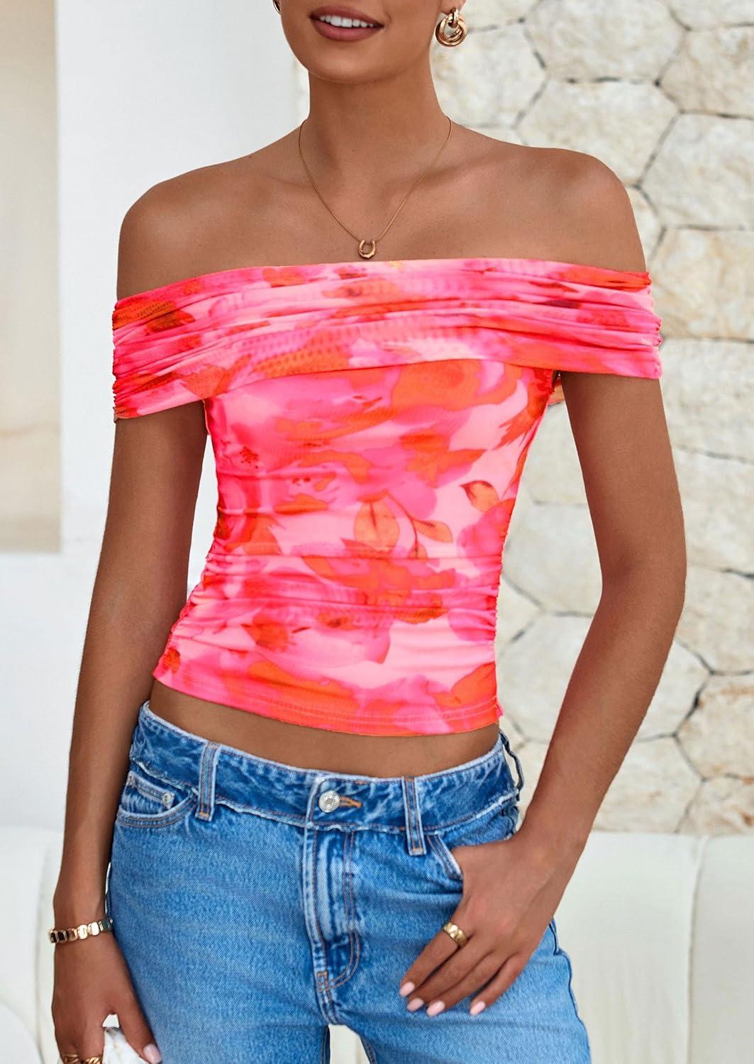 imagePRETTYGARDEN Summer Tops for Women 2025 Off Shoulder Short Sleeve Ruched Slim Fit Shirts Blouses Y2K Going Out TopFloral Pink