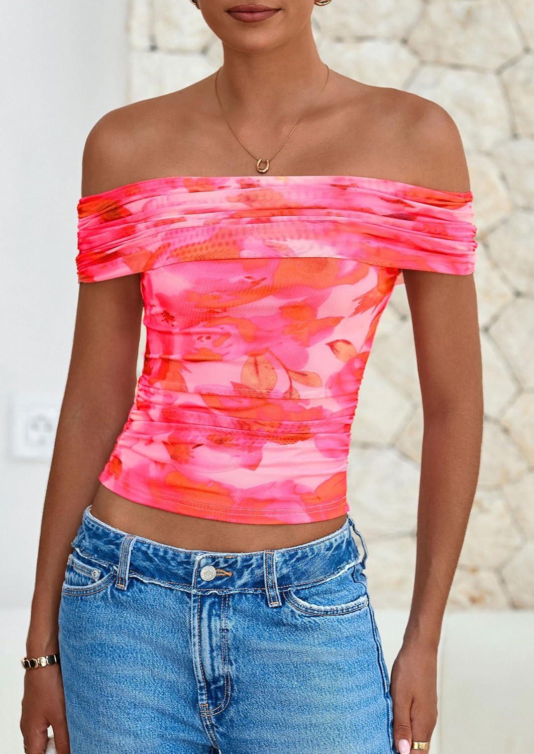 imagePRETTYGARDEN Summer Tops for Women 2025 Off Shoulder Short Sleeve Ruched Slim Fit Shirts Blouses Y2K Going Out TopFloral Pink