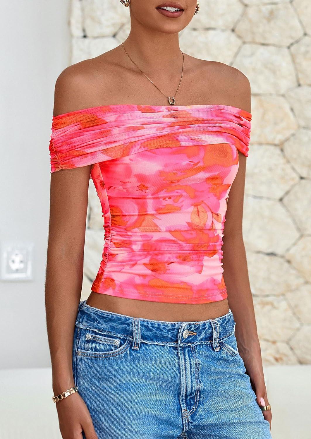 imagePRETTYGARDEN Summer Tops for Women 2025 Off Shoulder Short Sleeve Ruched Slim Fit Shirts Blouses Y2K Going Out TopFloral Pink