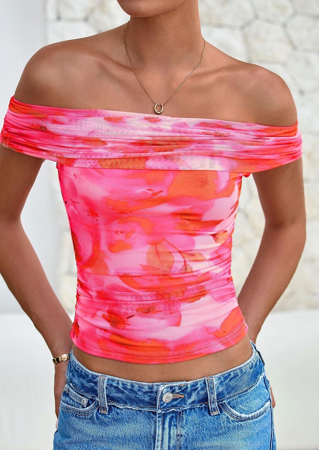 imagePRETTYGARDEN Summer Tops for Women 2025 Off Shoulder Short Sleeve Ruched Slim Fit Shirts Blouses Y2K Going Out TopFloral Pink
