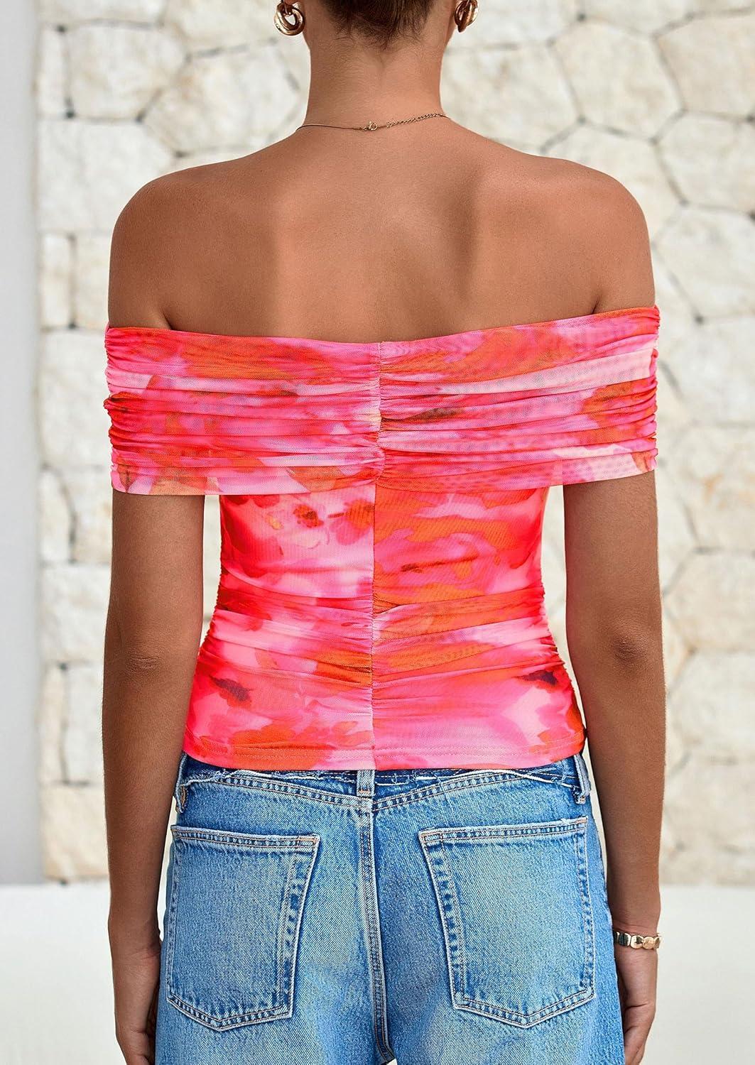 imagePRETTYGARDEN Summer Tops for Women 2025 Off Shoulder Short Sleeve Ruched Slim Fit Shirts Blouses Y2K Going Out TopFloral Pink