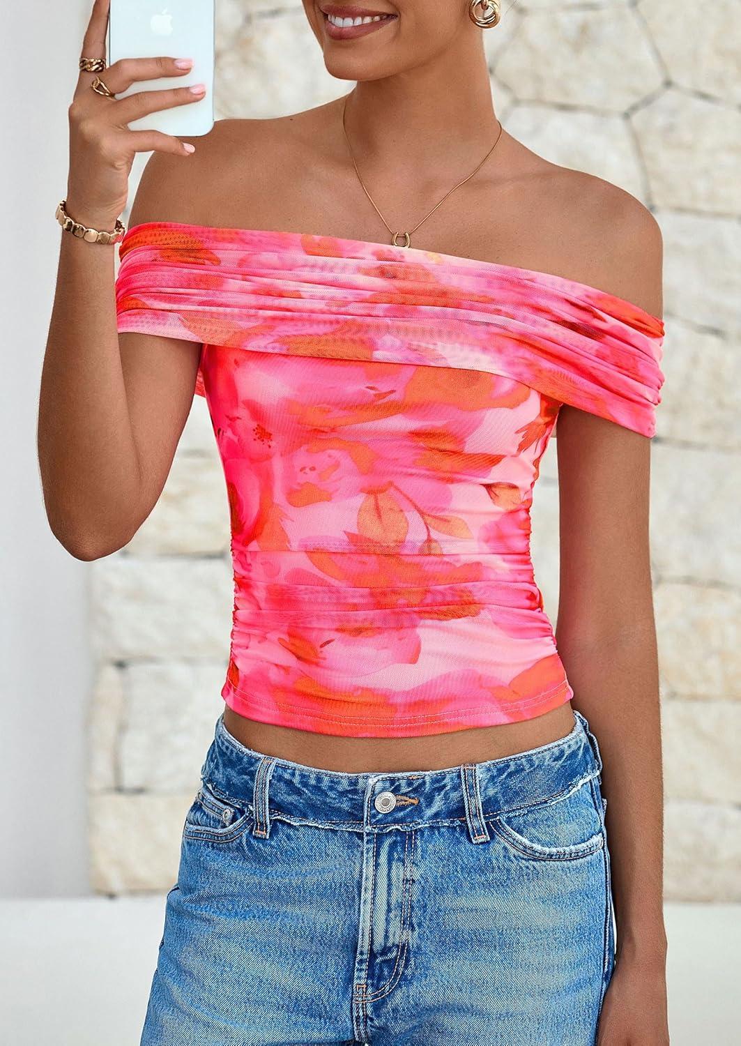 imagePRETTYGARDEN Summer Tops for Women 2025 Off Shoulder Short Sleeve Ruched Slim Fit Shirts Blouses Y2K Going Out TopFloral Pink