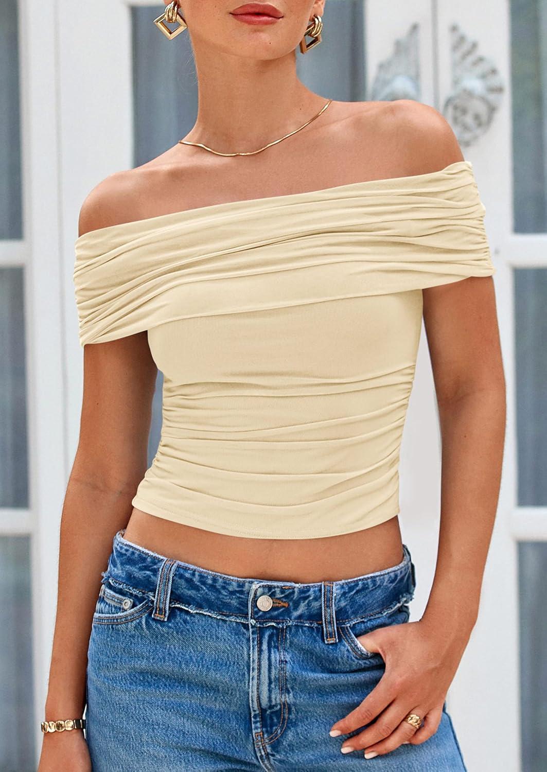 imagePRETTYGARDEN Summer Tops for Women 2025 Off Shoulder Short Sleeve Ruched Slim Fit Shirts Blouses Y2K Going Out TopLight Apricot