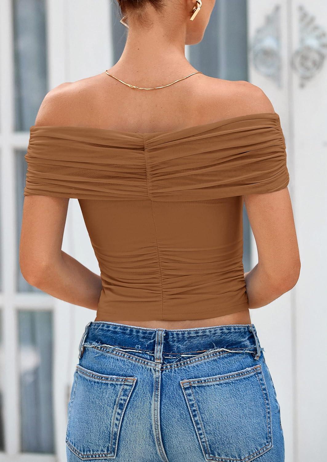 imagePRETTYGARDEN Summer Tops for Women 2025 Off Shoulder Short Sleeve Ruched Slim Fit Shirts Blouses Y2K Going Out TopLight Brown