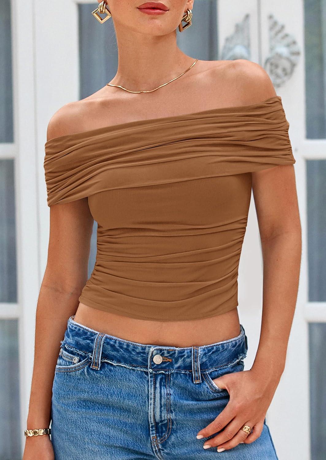imagePRETTYGARDEN Summer Tops for Women 2025 Off Shoulder Short Sleeve Ruched Slim Fit Shirts Blouses Y2K Going Out TopLight Brown